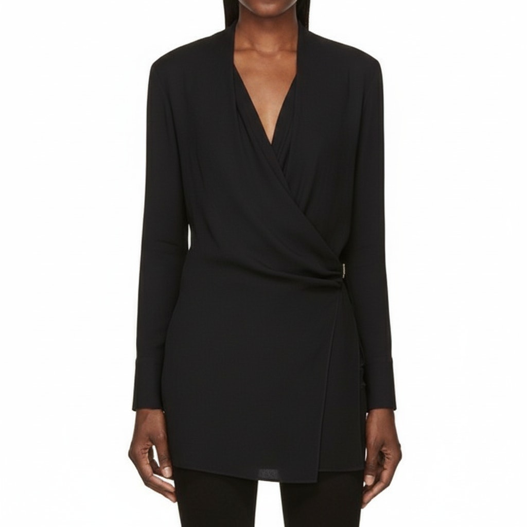 Helmut Lang Morse Long-Sleeve Draped Top In Black Crepe Tunic V-Neck